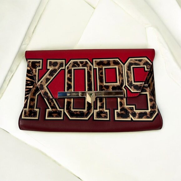 MICHAEL KORS Large Red Leather Leopard Print Envelope Clutch Bag - Picture 1 of 6